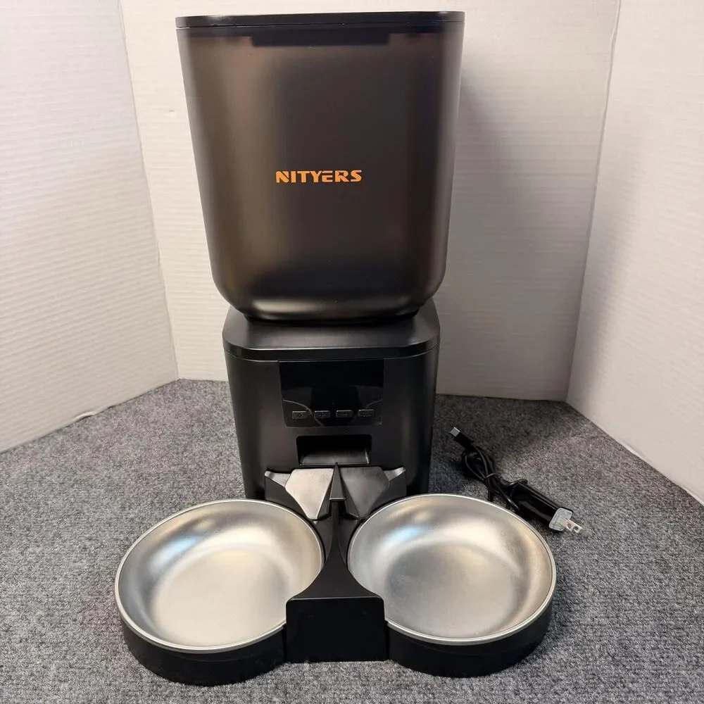 NITYERS Automatic Pet Feeder Dual Bowl 8L Black Programmable Timer Cats Dogs